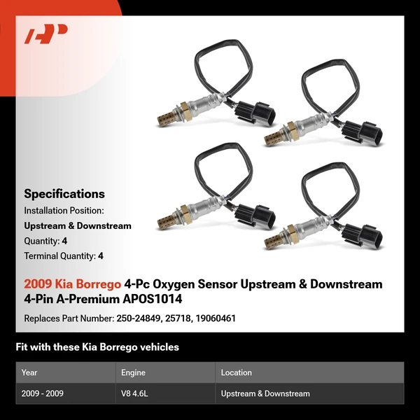2009 Kia Borrego 4-Pc Oxygen Sensor Upstream & Downstream 4-Pin A-Premium APOS1014