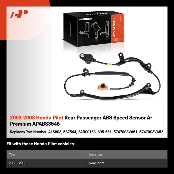 2003-2008 Honda Pilot Rear Passenger ABS Speed Sensor A-Premium APABS3546