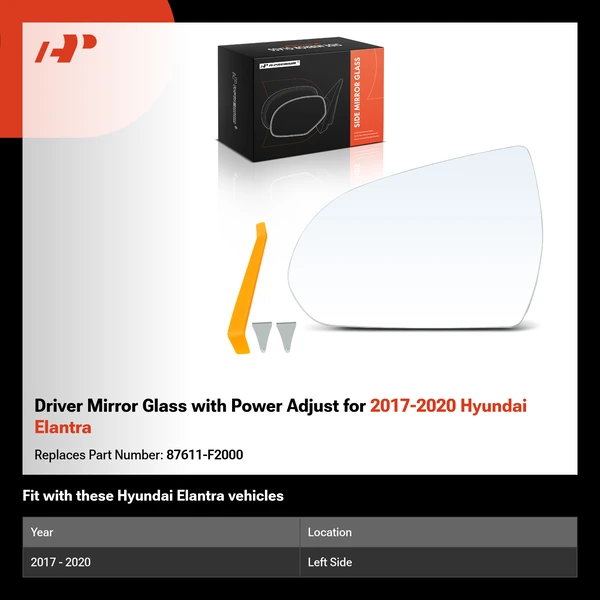 Driver Mirror Glass with Power Adjust for 2017-2020 Hyundai Elantra