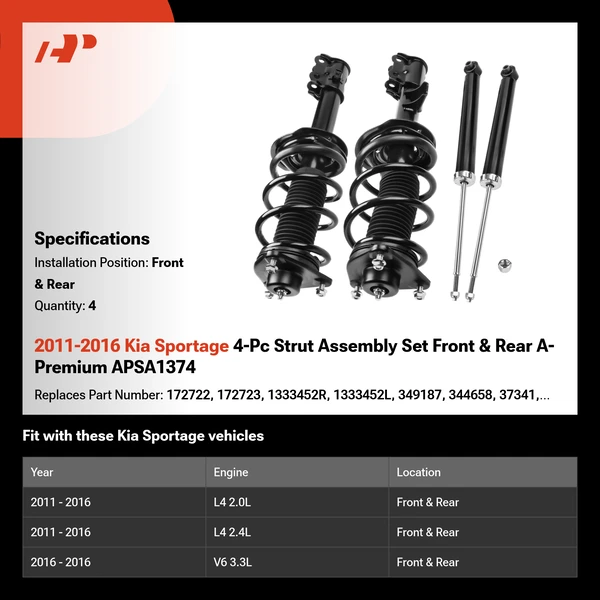2011-2016 Kia Sportage 4-Pc Strut Assembly Set Front & Rear A-Premium APSA1374