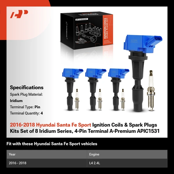 2016-2018 Hyundai Santa Fe Sport Ignition Coils & Spark Plugs Kits Set of 8 Iridium Series, 4-Pin Terminal A-Premium APIC1531
