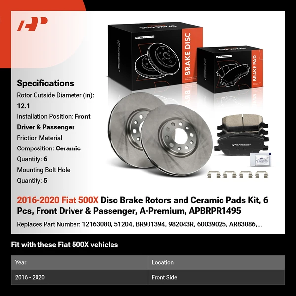 2016-2020 Fiat 500X Disc Brake Rotors and Ceramic Pads Kit, 6 Pcs, Front Driver & Passenger, A-Premium, APBRPR1495
