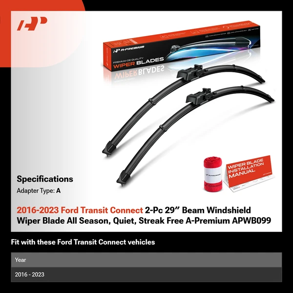 2016-2023 Ford Transit Connect 2-Pc 29″ Beam Windshield Wiper Blade All Season, Quiet, Streak Free A-Premium APWB099