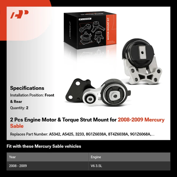 2 Pcs Engine Motor & Torque Strut Mount for 2008-2009 Mercury Sable