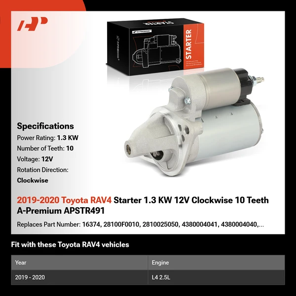 2019-2020 Toyota RAV4 Starter 1.3 KW 12V Clockwise 10 Teeth A-Premium APSTR491