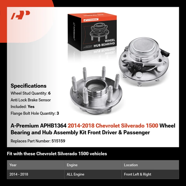 A-Premium APHB1364 2014-2018 Chevrolet Silverado 1500 Wheel Bearing and Hub Assembly Kit Front Driver & Passenger