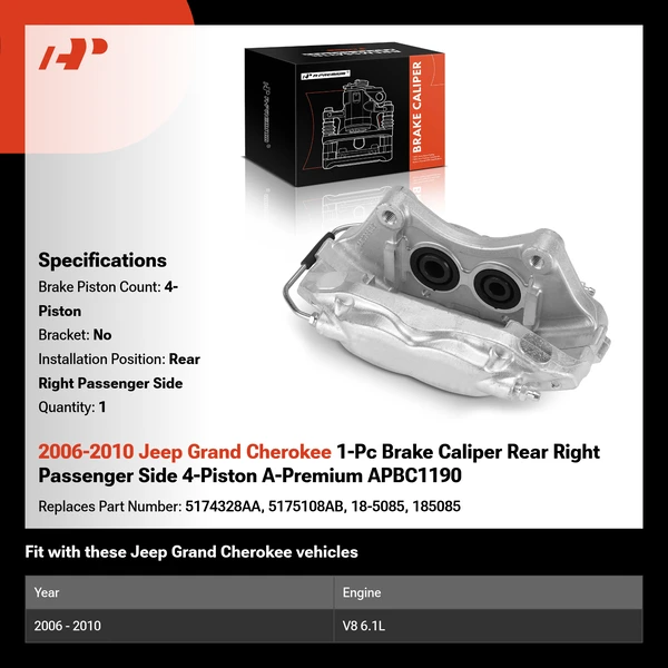 2006-2010 Jeep Grand Cherokee 1-Pc Brake Caliper Rear Right Passenger Side 4-Piston A-Premium APBC1190