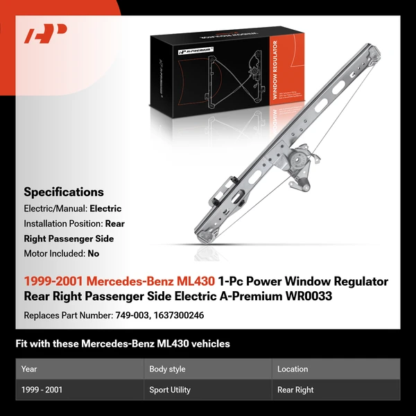 1999-2001 Mercedes-Benz ML430 1-Pc Power Window Regulator Rear Right Passenger Side Electric A-Premium WR0033