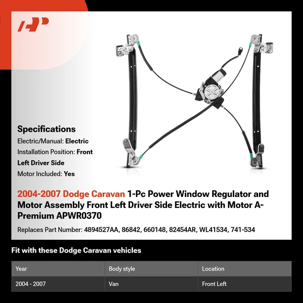 2004-2007 Dodge Caravan 1-Pc Power Window Regulator and Motor Assembly Front Left Driver Side Electric with Motor A-Premium APWR0370