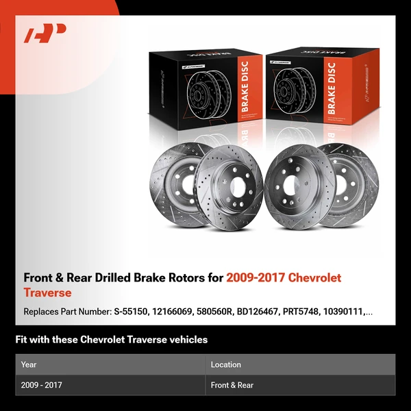 Front & Rear Drilled Brake Rotors for 2009-2017 Chevrolet Traverse