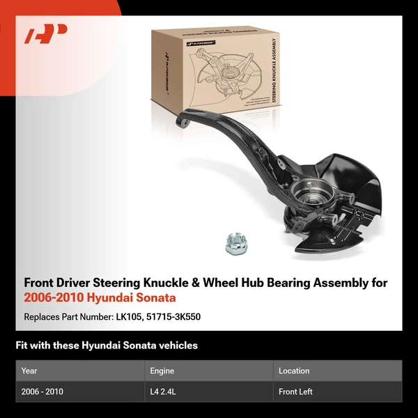 Front Driver Steering Knuckle & Wheel Hub Bearing Assembly for 2006-2010 Hyundai Sonata