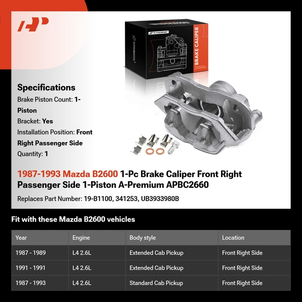 1987-1993 Mazda B2600 1-Pc Brake Caliper Front Right Passenger Side 1-Piston A-Premium APBC2660