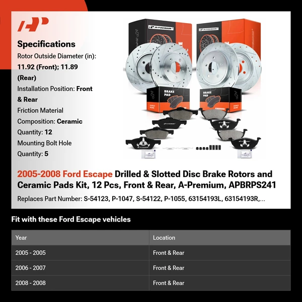 2005-2008 Ford Escape Drilled & Slotted Disc Brake Rotors and Ceramic Pads Kit, 12 Pcs, Front & Rear, A-Premium, APBRPS241