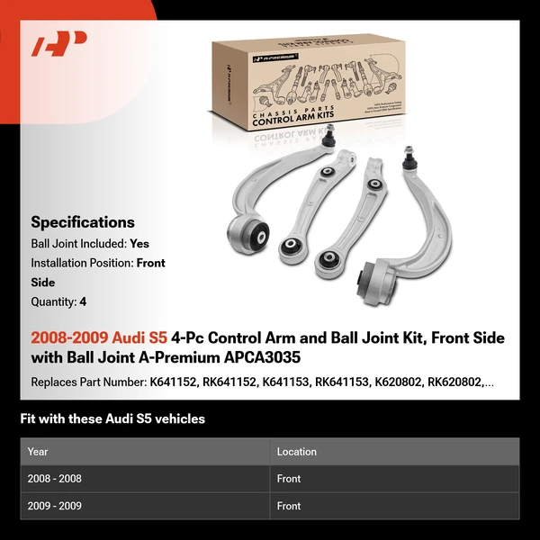 2008-2009 Audi S5 4-Pc Control Arm and Ball Joint Kit, Front Side with Ball Joint A-Premium APCA3035