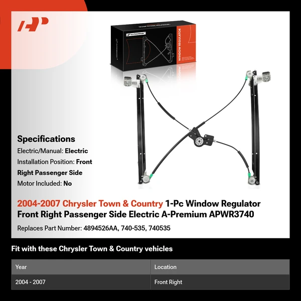 2004-2007 Chrysler Town & Country 1-Pc Window Regulator Front Right Passenger Side Electric A-Premium APWR3740