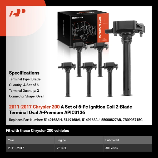 2011-2017 Chrysler 200 A Set of 6-Pc Ignition Coil 2-Blade Terminal Oval A-Premium APIC0136
