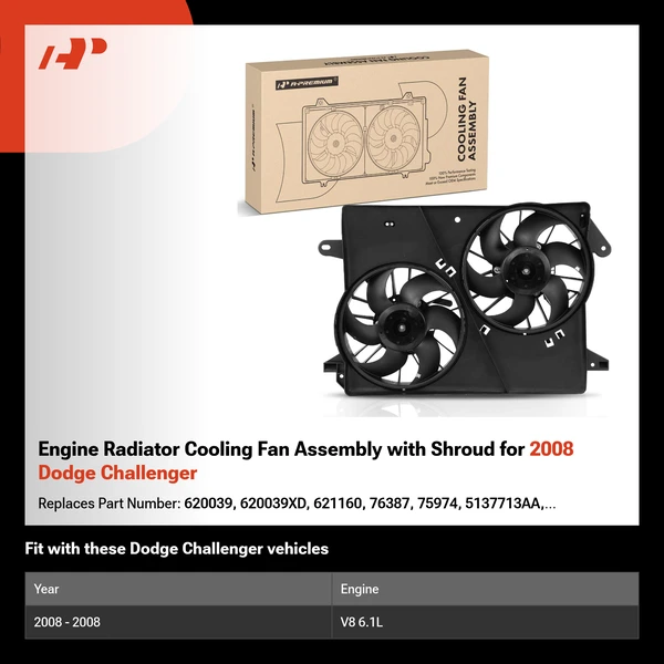 Engine Radiator Cooling Fan Assembly with Shroud for 2008 Dodge Challenger