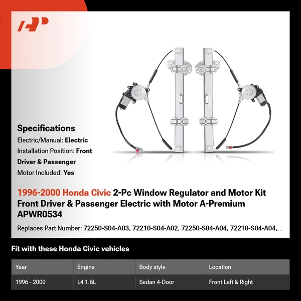 1996-2000 Honda Civic 2-Pc Window Regulator and Motor Kit Front Driver & Passenger Electric with Motor A-Premium APWR0534