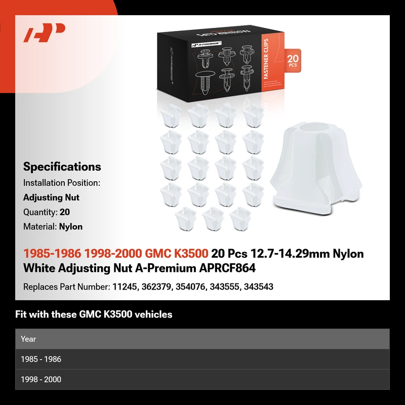 1985-1986 1998-2000 GMC K3500 20 Pcs 12.7-14.29mm Nylon White Adjusting Nut A-Premium APRCF864
