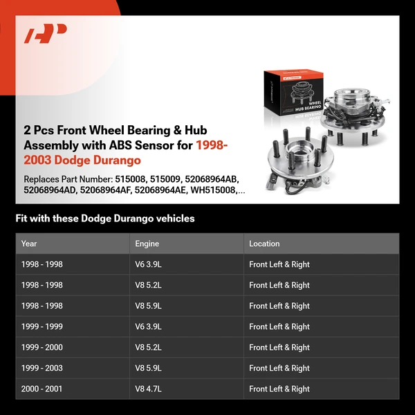 2 Pcs Front Wheel Bearing & Hub Assembly with ABS Sensor for 1998-2003 Dodge Durango