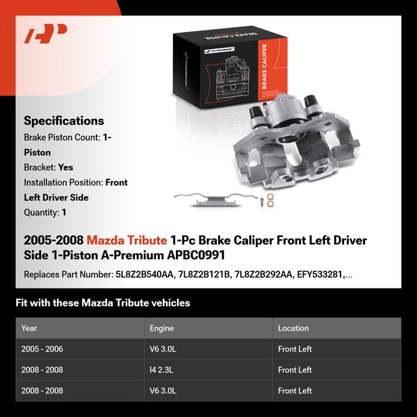 2005-2008 Mazda Tribute 1-Pc Brake Caliper Front Left Driver Side 1-Piston A-Premium APBC0991