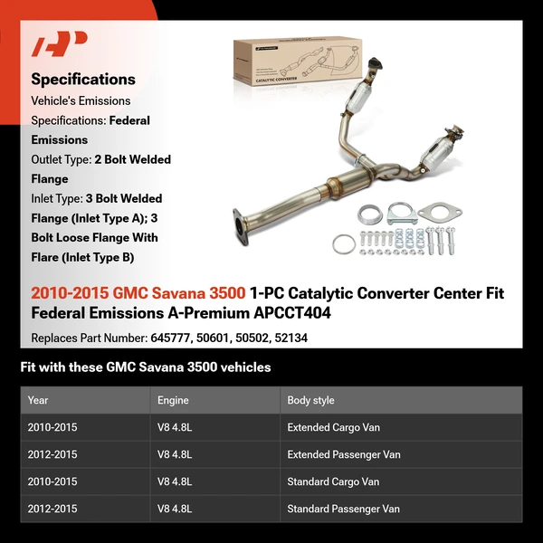 2010-2015 GMC Savana 3500 1-PC Catalytic Converter Center Fit Federal Emissions A-Premium APCCT404