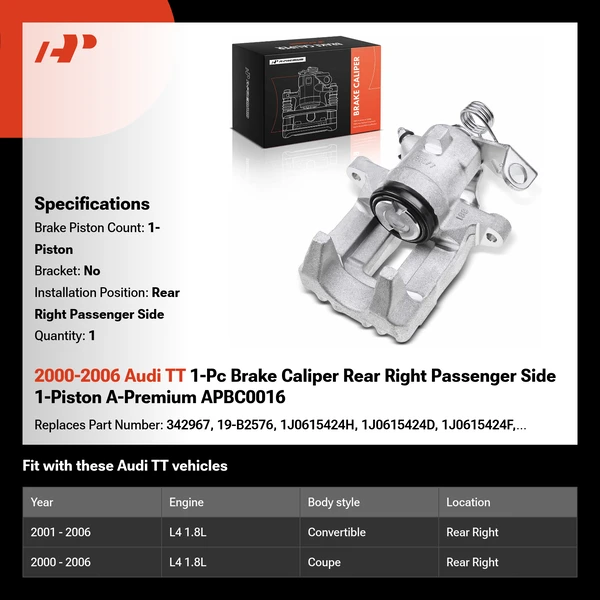 2000-2006 Audi TT 1-Pc Brake Caliper Rear Right Passenger Side 1-Piston A-Premium APBC0016