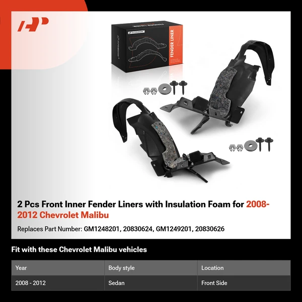 2 Pcs Front Inner Fender Liners with Insulation Foam for 2008-2012 Chevrolet Malibu