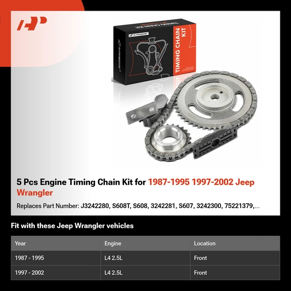 5 Pcs Engine Timing Chain Kit for 1987-1995 1997-2002 Jeep Wrangler