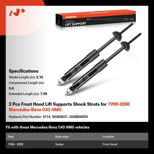 2 Pcs Front Hood Lift Supports Shock Struts for 1998-2000 Mercedes-Benz C43 AMG