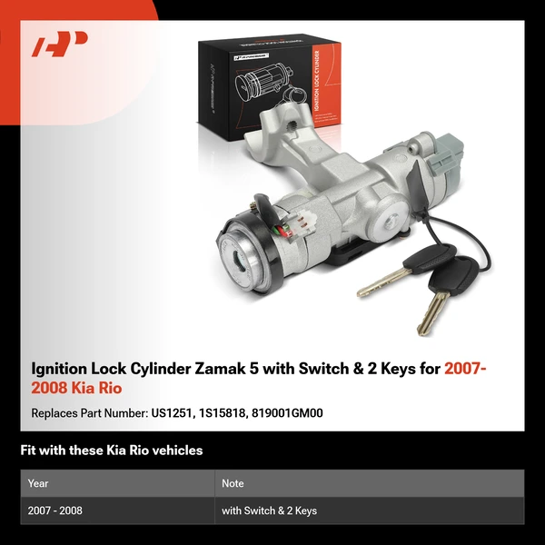 Ignition Lock Cylinder Zamak 5 with Switch & 2 Keys for 2007-2008 Kia Rio