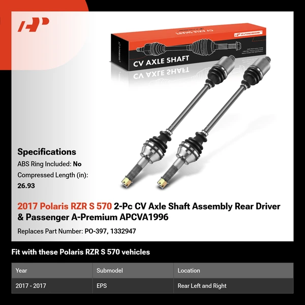 2017 Polaris RZR S 570 2-Pc CV Axle Shaft Assembly Rear Driver & Passenger A-Premium APCVA1996