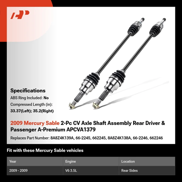 2009 Mercury Sable 2-Pc CV Axle Shaft Assembly Rear Driver & Passenger A-Premium APCVA1379