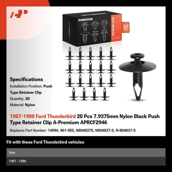 1987-1988 Ford Thunderbird 20 Pcs 7.9375mm Nylon Black Push Type Retainer Clip A-Premium APRCF2946