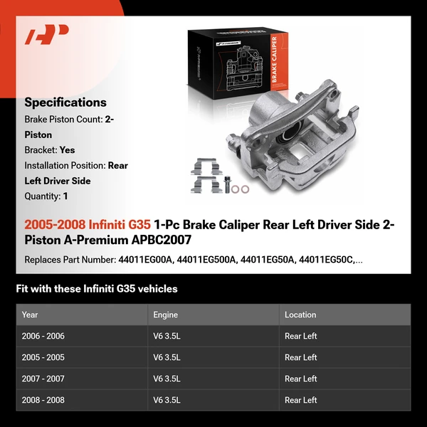 2005-2008 Infiniti G35 1-Pc Brake Caliper Rear Left Driver Side 2-Piston A-Premium APBC2007