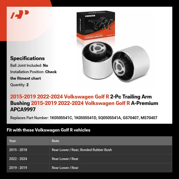 2015-2019 2022-2024 Volkswagen Golf R 2-Pc Trailing Arm Bushing 2015-2019 2022-2024 Volkswagen Golf R A-Premium APCA9997