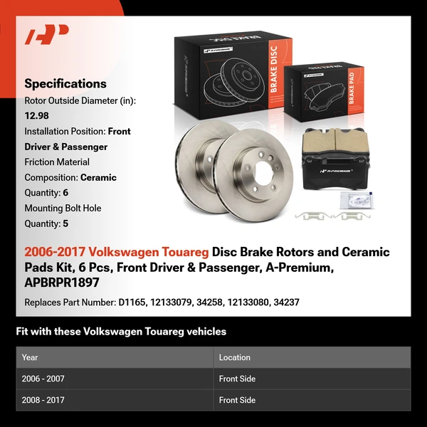 2006-2017 Volkswagen Touareg Disc Brake Rotors and Ceramic Pads Kit, 6 Pcs, Front Driver & Passenger, A-Premium, APBRPR1897
