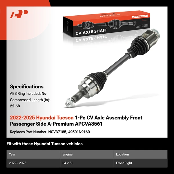2022-2025 Hyundai Tucson 1-Pc CV Axle Assembly Front Passenger Side A-Premium APCVA3561