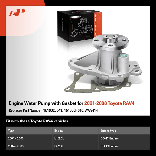 Engine Water Pump with Gasket for 2001-2008 Toyota RAV4