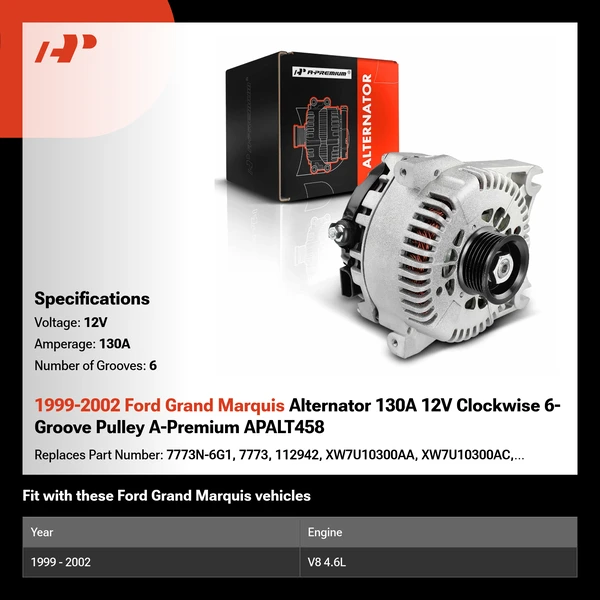 1999-2002 Ford Grand Marquis Alternator 130A 12V Clockwise 6-Groove Pulley A-Premium APALT458