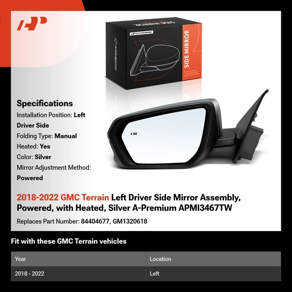 2018-2022 GMC Terrain Left Driver Side Mirror Assembly, Powered, with Heated, Silver A-Premium APMI3467TW