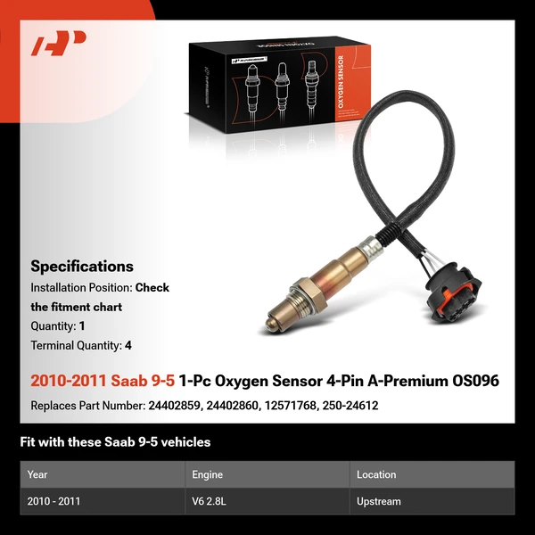 2010-2011 Saab 9-5 1-Pc Oxygen Sensor 4-Pin A-Premium OS096