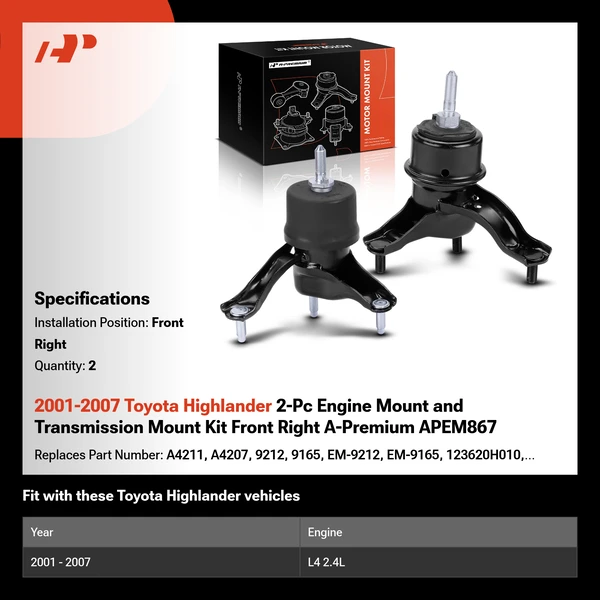 2001-2007 Toyota Highlander 2-Pc Engine Mount and Transmission Mount Kit Front Right A-Premium APEM867