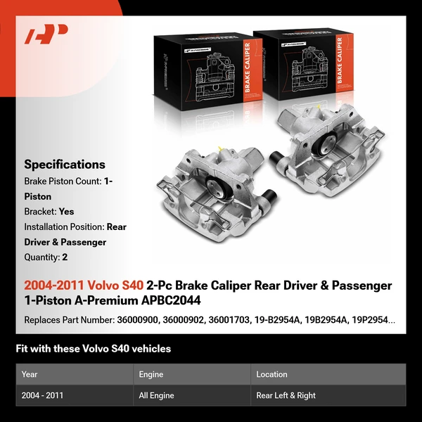 2004-2011 Volvo S40 2-Pc Brake Caliper Rear Driver & Passenger 1-Piston A-Premium APBC2044