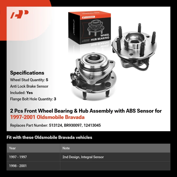 2 Pcs Front Wheel Bearing & Hub Assembly with ABS Sensor for 1997-2001 Oldsmobile Bravada