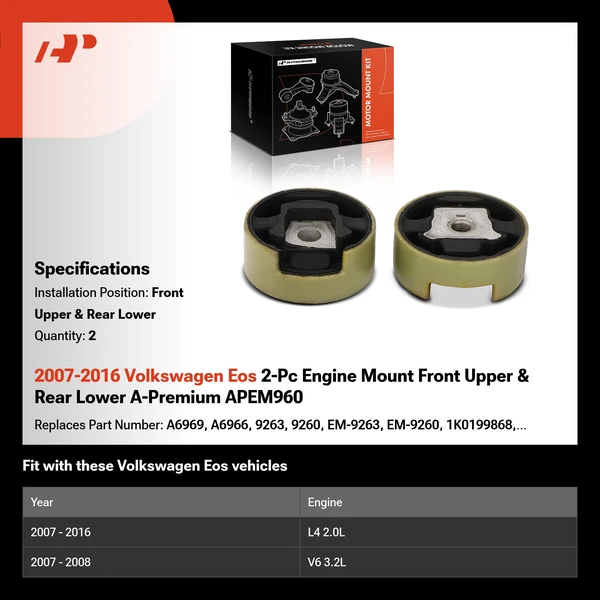 2007-2016 Volkswagen Eos 2-Pc Engine Mount Front Upper & Rear Lower A-Premium APEM960