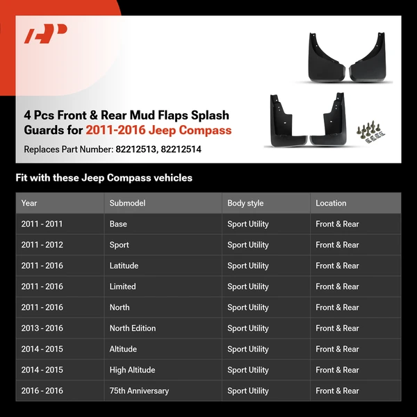 4 Pcs Front & Rear Mud Flaps Splash Guards for 2011-2016 Jeep Compass