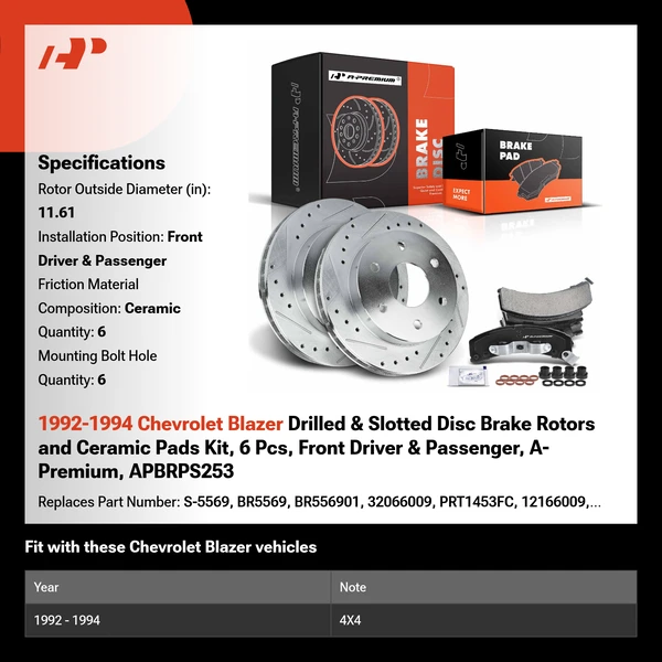 1992-1994 Chevrolet Blazer Drilled & Slotted Disc Brake Rotors and Ceramic Pads Kit, 6 Pcs, Front Driver & Passenger, A-Premium, APBRPS253
