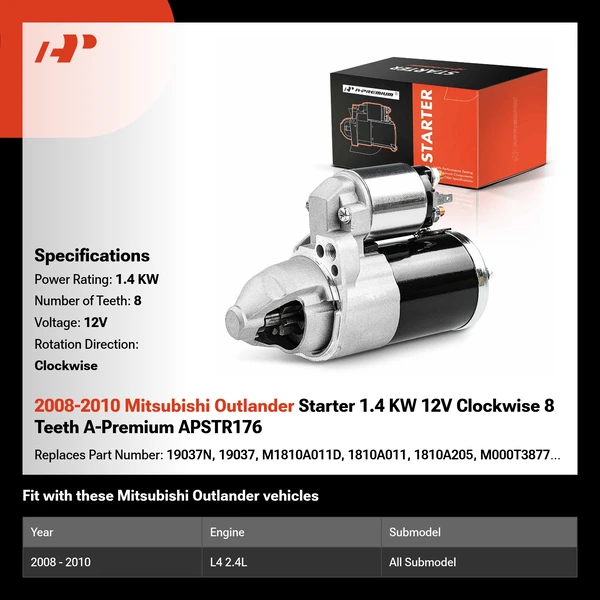 2008-2010 Mitsubishi Outlander Starter 1.4 KW 12V Clockwise 8 Teeth A-Premium APSTR176