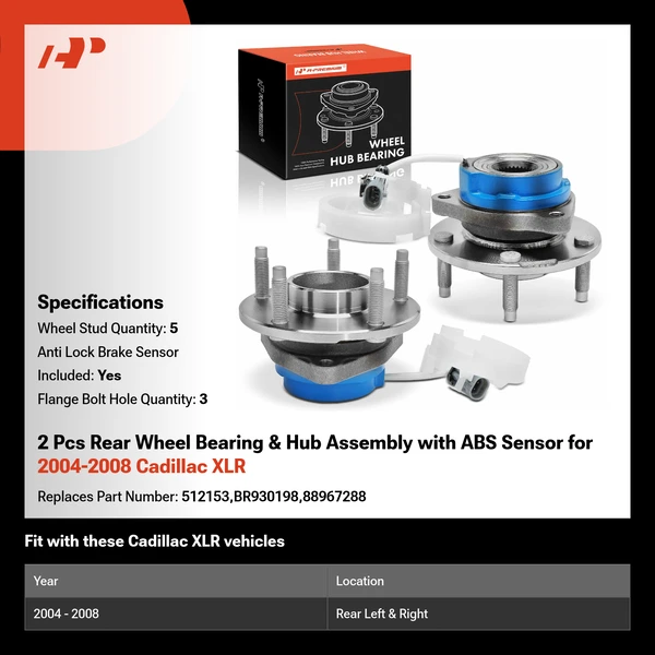 2 Pcs Rear Wheel Bearing & Hub Assembly with ABS Sensor for 2004-2008 Cadillac XLR